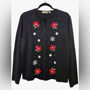 Croft & Barrow Black Holiday Sweater with Floral Embroidery and Snowflakes 💕